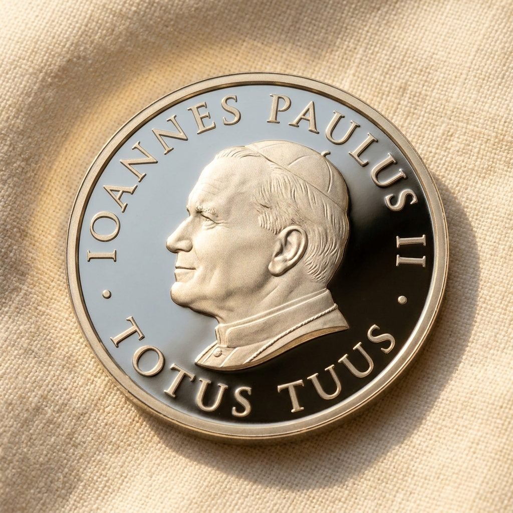 Awers medalu MEIZON — profil Jana Pawła II, inskrypcja Ioannes Paulus II Totus Tuus