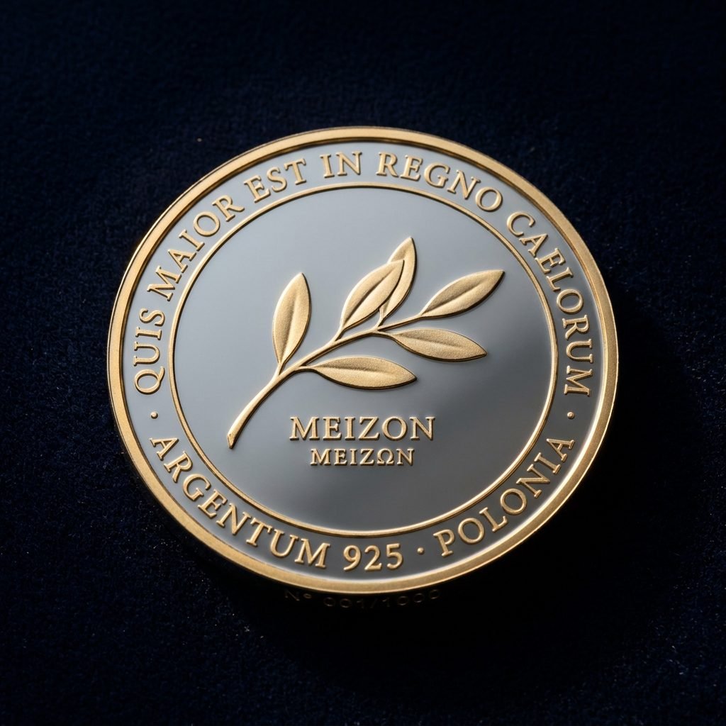 Rewers medalu MEIZON — gałązka oliwna i łacińska inskrypcja Quis maior est in regno caelorum